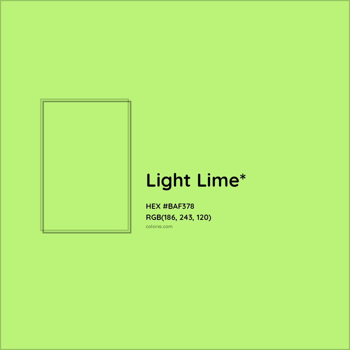 #BAF378 hex color. RGB, RYB, CMYK, HSL, HSV codes and color conversions. Matching color names, palettes, paints.