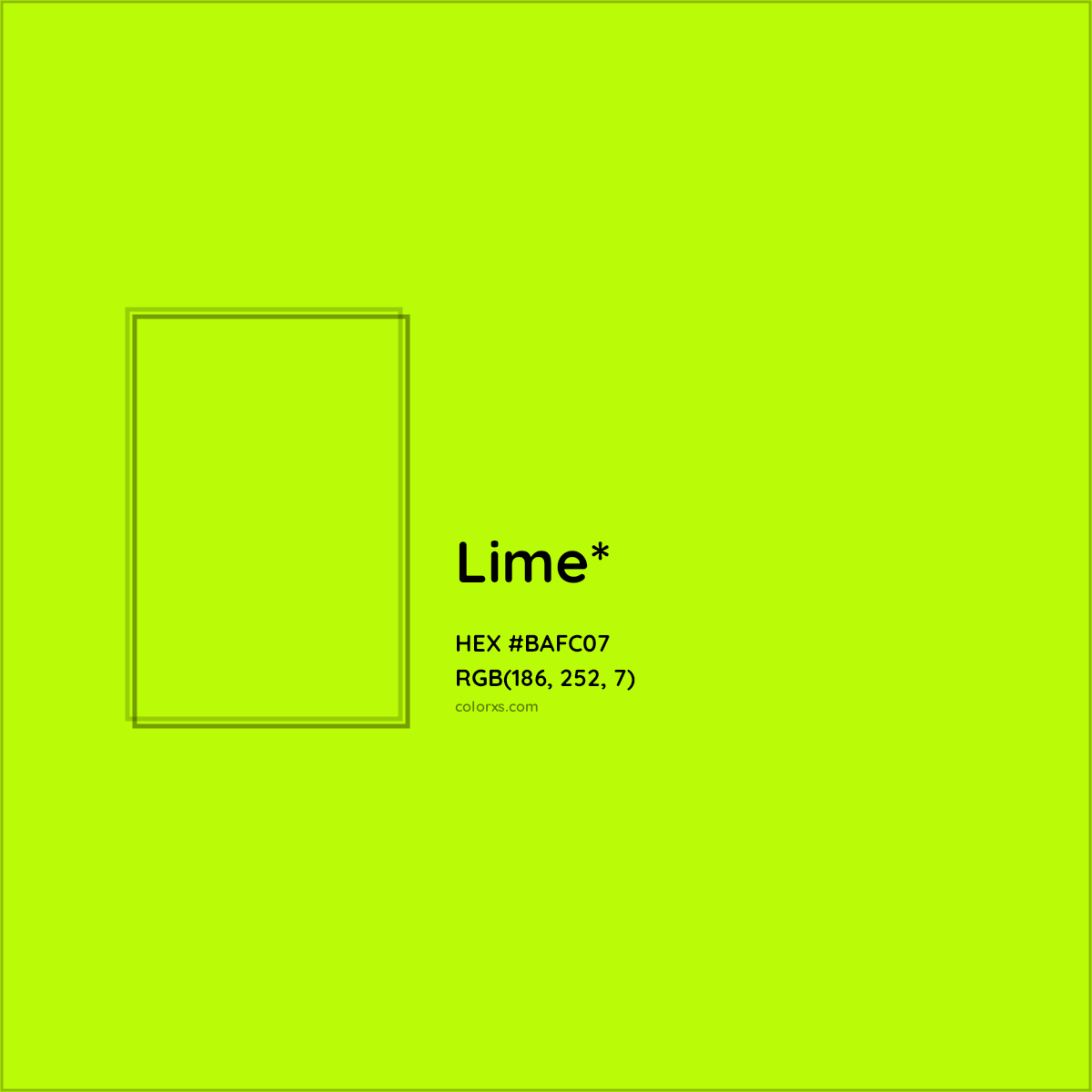 #BAFC07 hex color. RGB, RYB, CMYK, HSL, HSV codes and color conversions. Matching color names, palettes, paints.