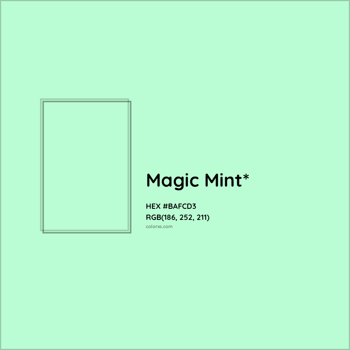 #BAFCD3 hex color. RGB, RYB, CMYK, HSL, HSV codes and color conversions. Matching color names, palettes, paints.