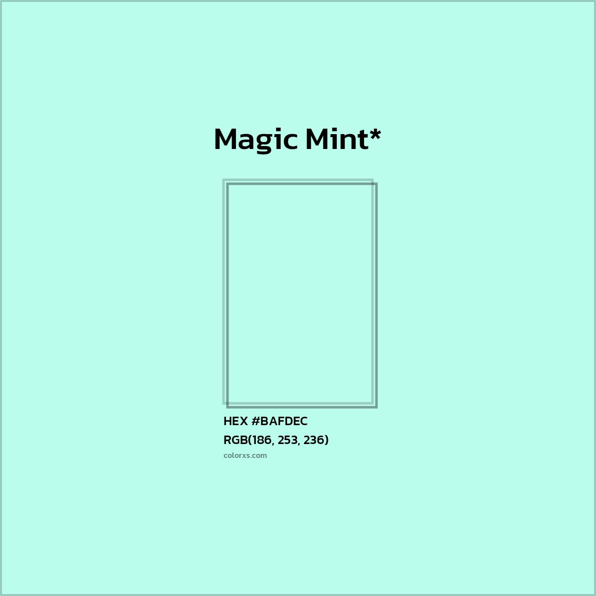 #BAFDEC hex color. RGB, RYB, CMYK, HSL, HSV codes and color conversions. Matching color names, palettes, paints.