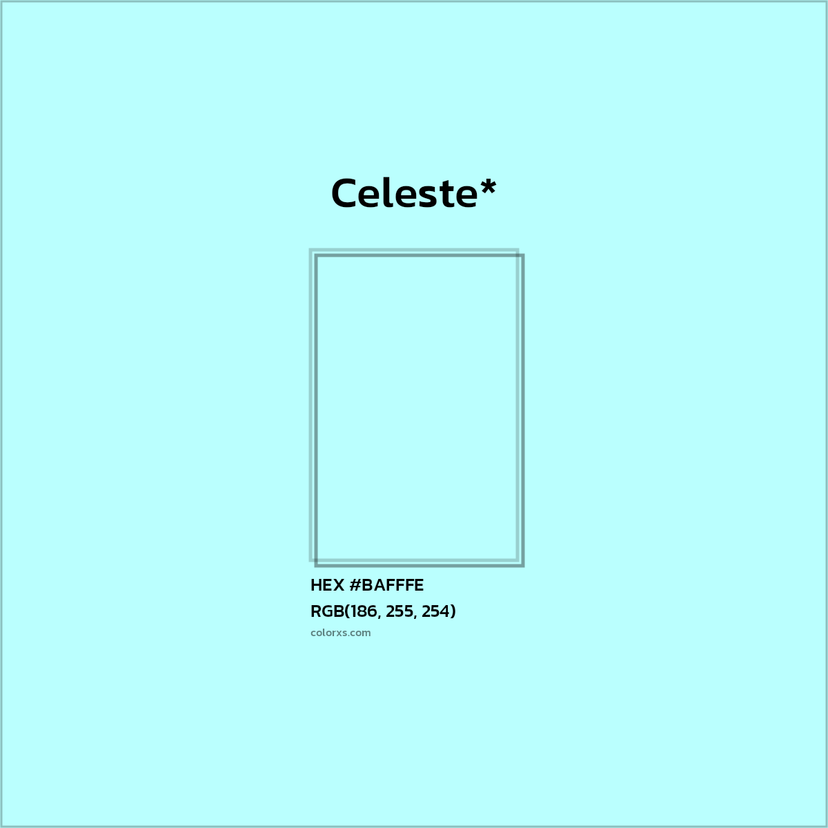 #BAFFFE hex color. RGB, RYB, CMYK, HSL, HSV codes and color conversions. Matching color names, palettes, paints.