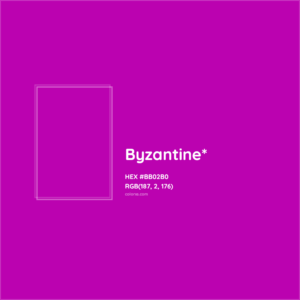 #BB02B0 hex color. RGB, RYB, CMYK, HSL, HSV codes and color conversions. Matching color names, palettes, paints.
