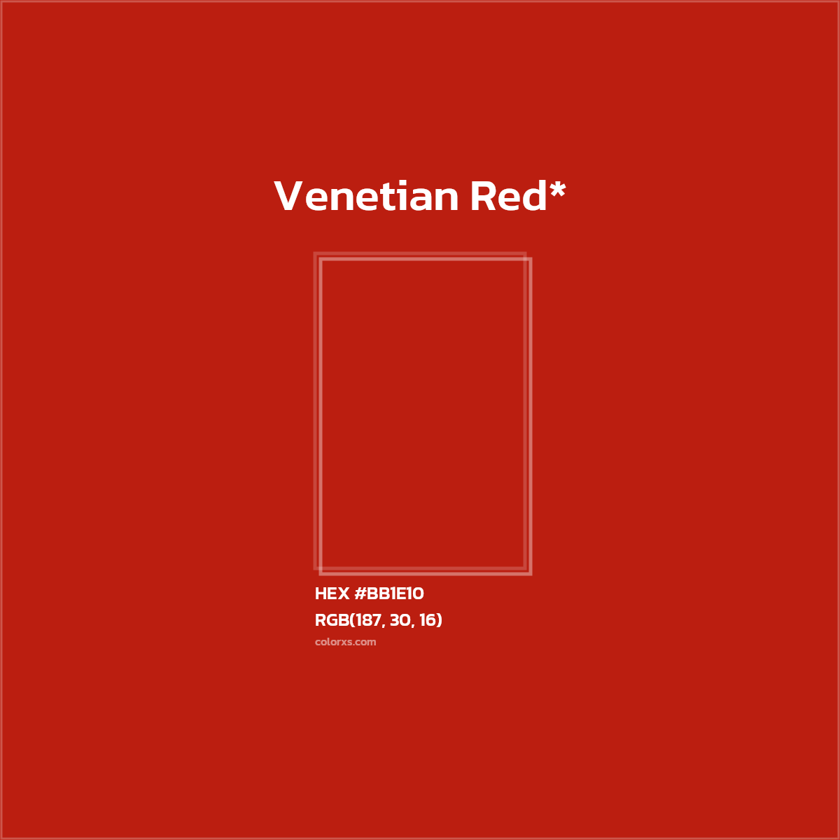 #BB1E10 hex color. RGB, RYB, CMYK, HSL, HSV codes and color conversions. Matching color names, palettes, paints.