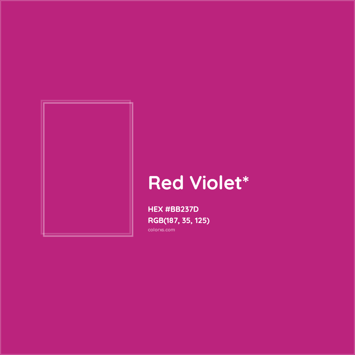 #BB237D hex color. RGB, RYB, CMYK, HSL, HSV codes and color conversions. Matching color names, palettes, paints.