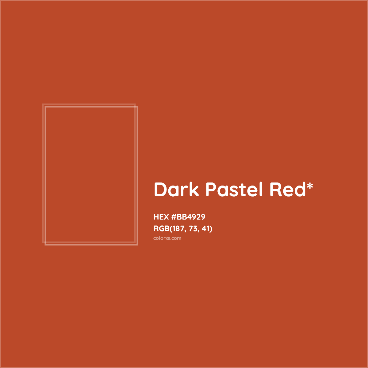 #BB4929 hex color. RGB, RYB, CMYK, HSL, HSV codes and color conversions. Matching color names, palettes, paints.