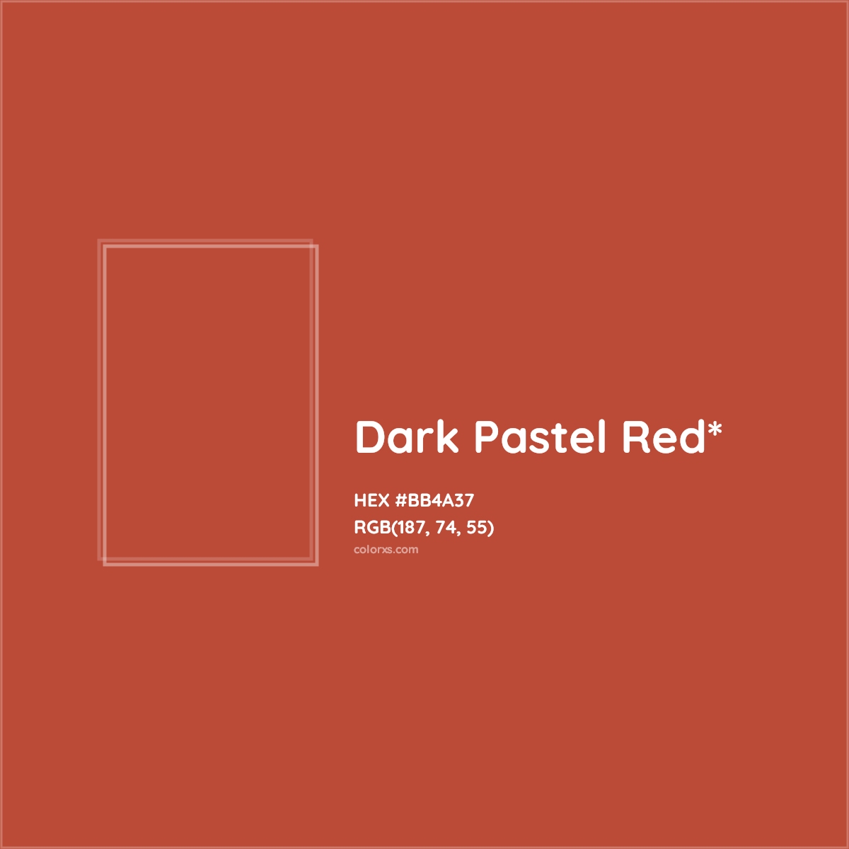 #BB4A37 hex color. RGB, RYB, CMYK, HSL, HSV codes and color conversions. Matching color names, palettes, paints.