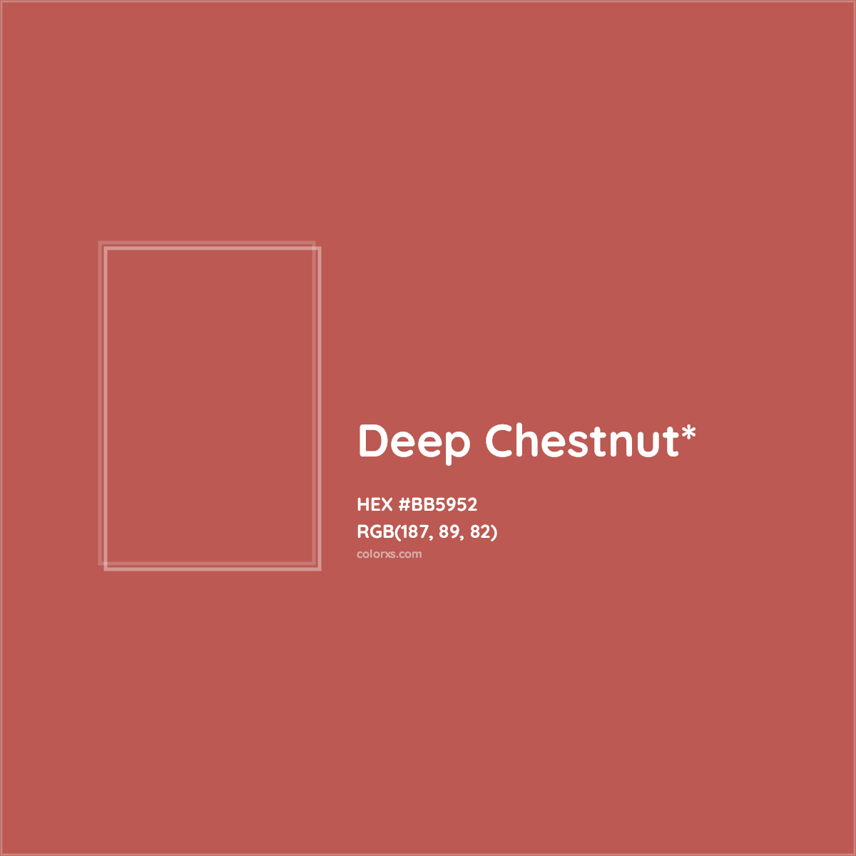 #BB5952 hex color. RGB, RYB, CMYK, HSL, HSV codes and color conversions. Matching color names, palettes, paints.