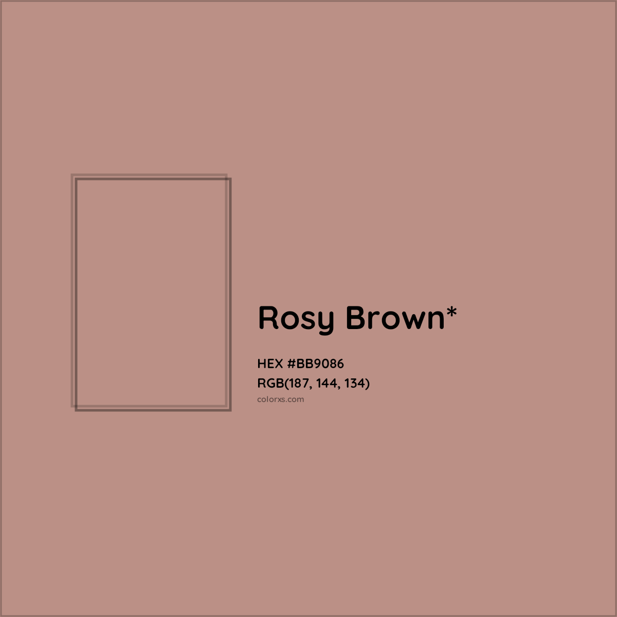 #BB9086 hex color. RGB, RYB, CMYK, HSL, HSV codes and color conversions. Matching color names, palettes, paints.