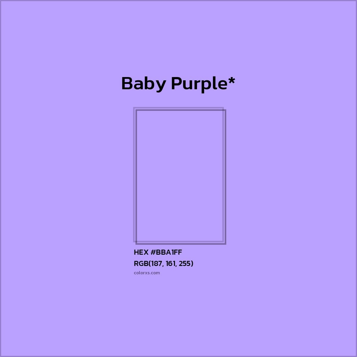 #BBA1FF hex color. RGB, RYB, CMYK, HSL, HSV codes and color conversions. Matching color names, palettes, paints.