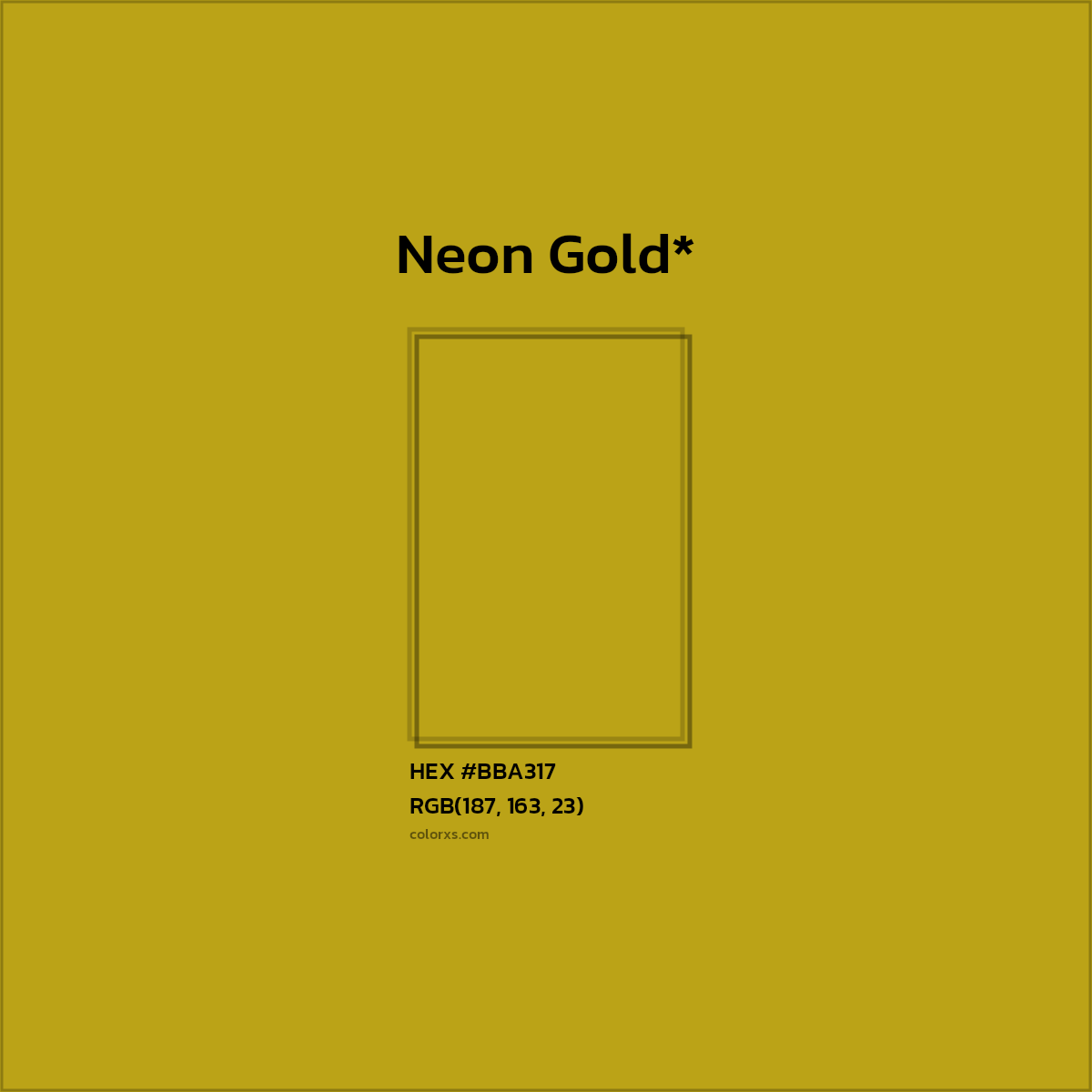 #BBA317 hex color. RGB, RYB, CMYK, HSL, HSV codes and color conversions. Matching color names, palettes, paints.