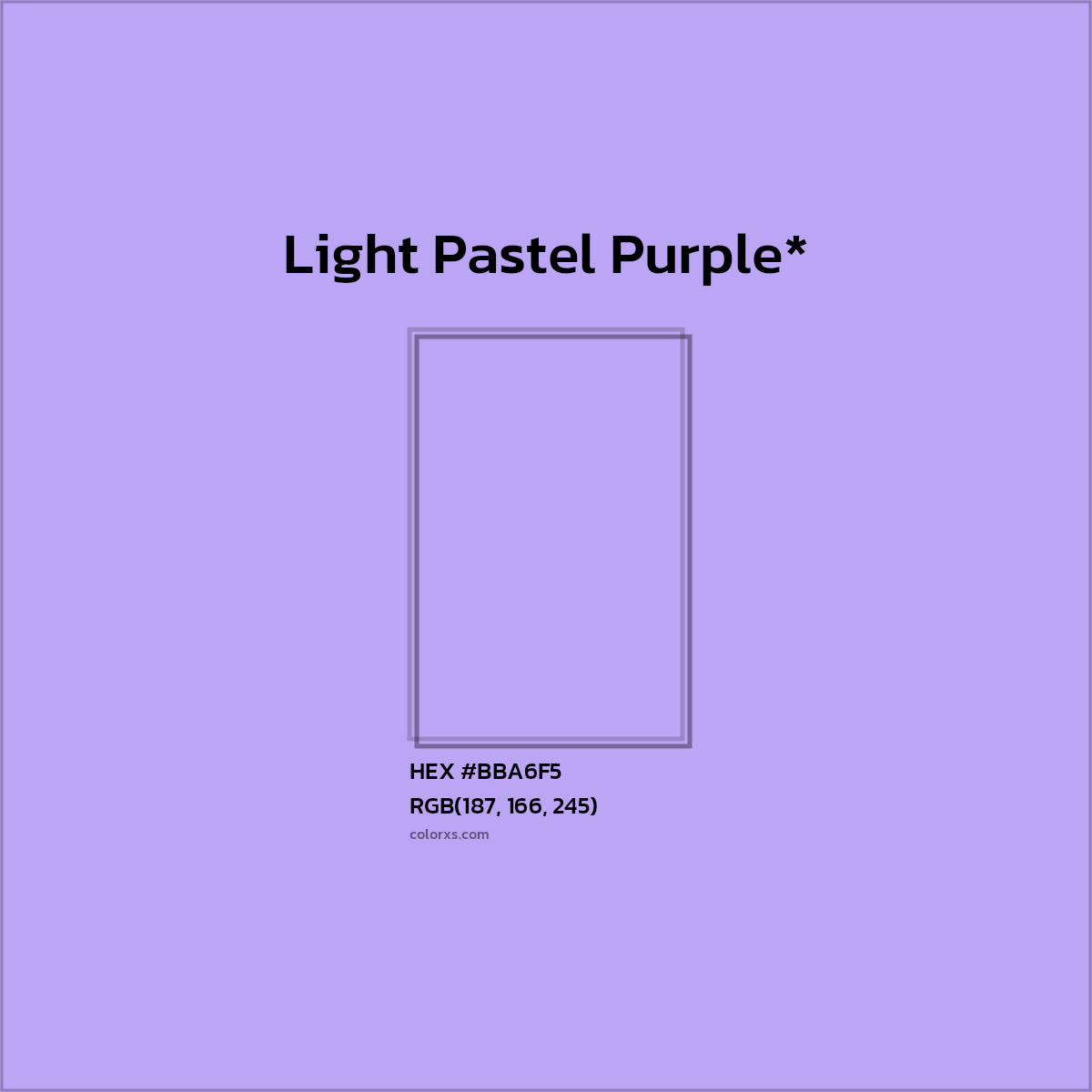 #BBA6F5 hex color. RGB, RYB, CMYK, HSL, HSV codes and color conversions. Matching color names, palettes, paints.