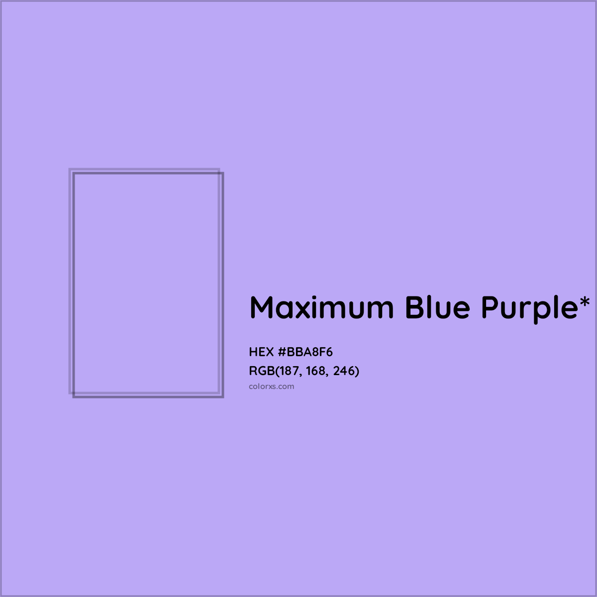#BBA8F6 hex color. RGB, RYB, CMYK, HSL, HSV codes and color conversions. Matching color names, palettes, paints.
