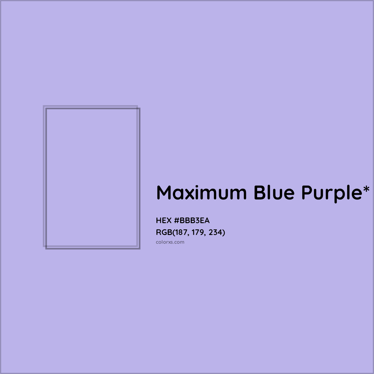 #BBB3EA hex color. RGB, RYB, CMYK, HSL, HSV codes and color conversions. Matching color names, palettes, paints.