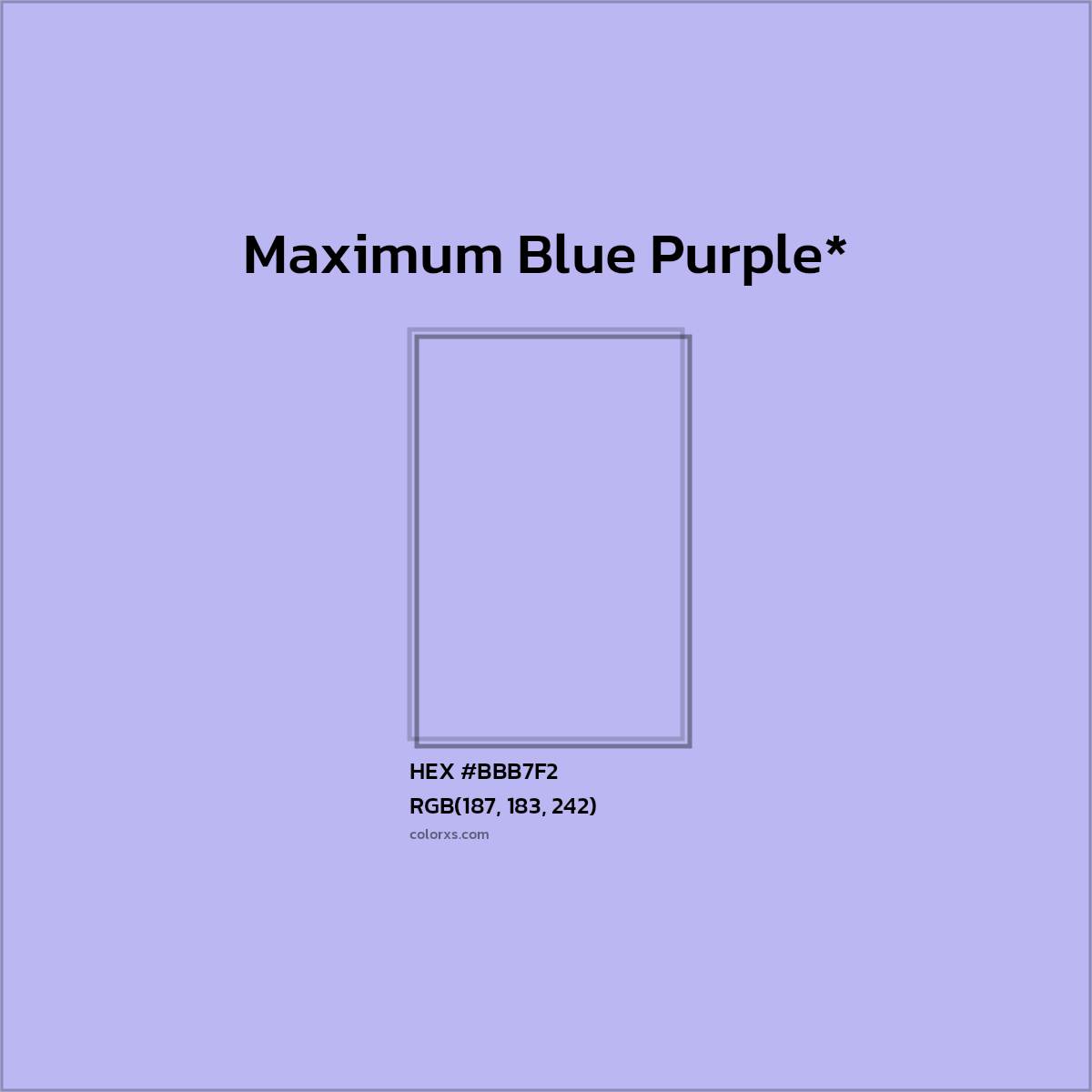 #BBB7F2 hex color. RGB, RYB, CMYK, HSL, HSV codes and color conversions. Matching color names, palettes, paints.
