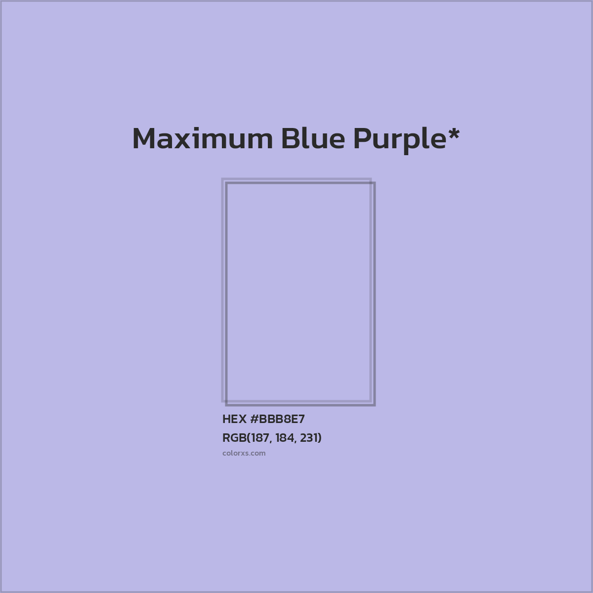 #BBB8E7 hex color. RGB, RYB, CMYK, HSL, HSV codes and color conversions. Matching color names, palettes, paints.