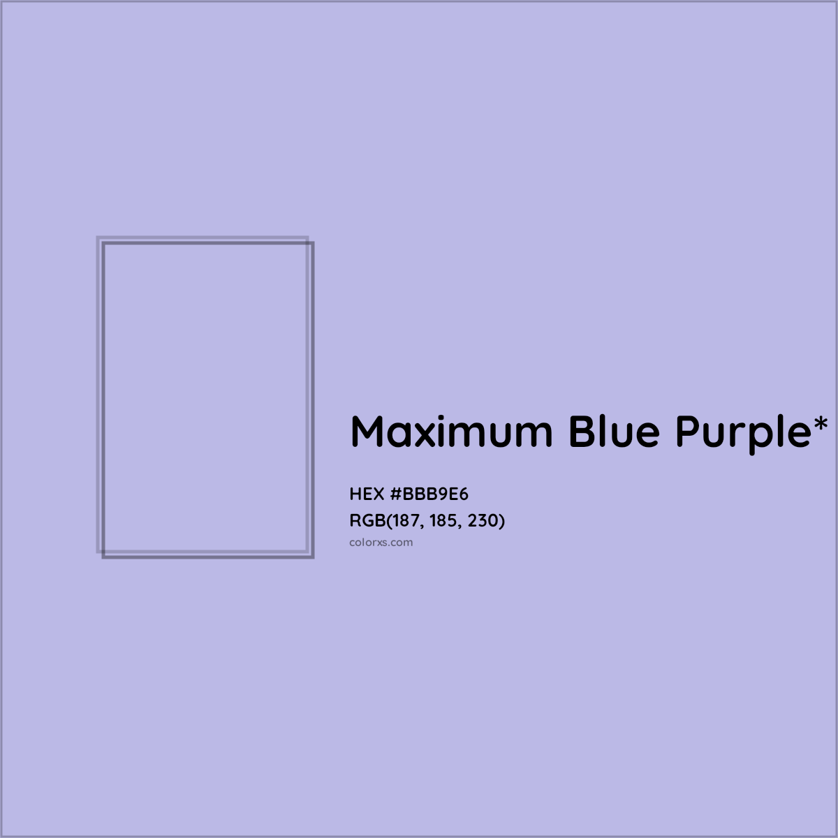 #BBB9E6 hex color. RGB, RYB, CMYK, HSL, HSV codes and color conversions. Matching color names, palettes, paints.
