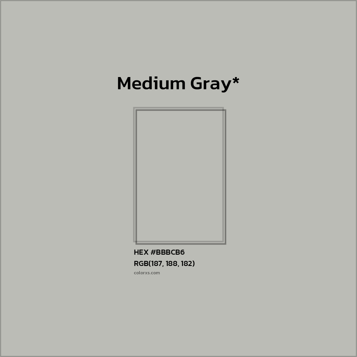 #BBBCB6 hex color. RGB, RYB, CMYK, HSL, HSV codes and color conversions. Matching color names, palettes, paints.
