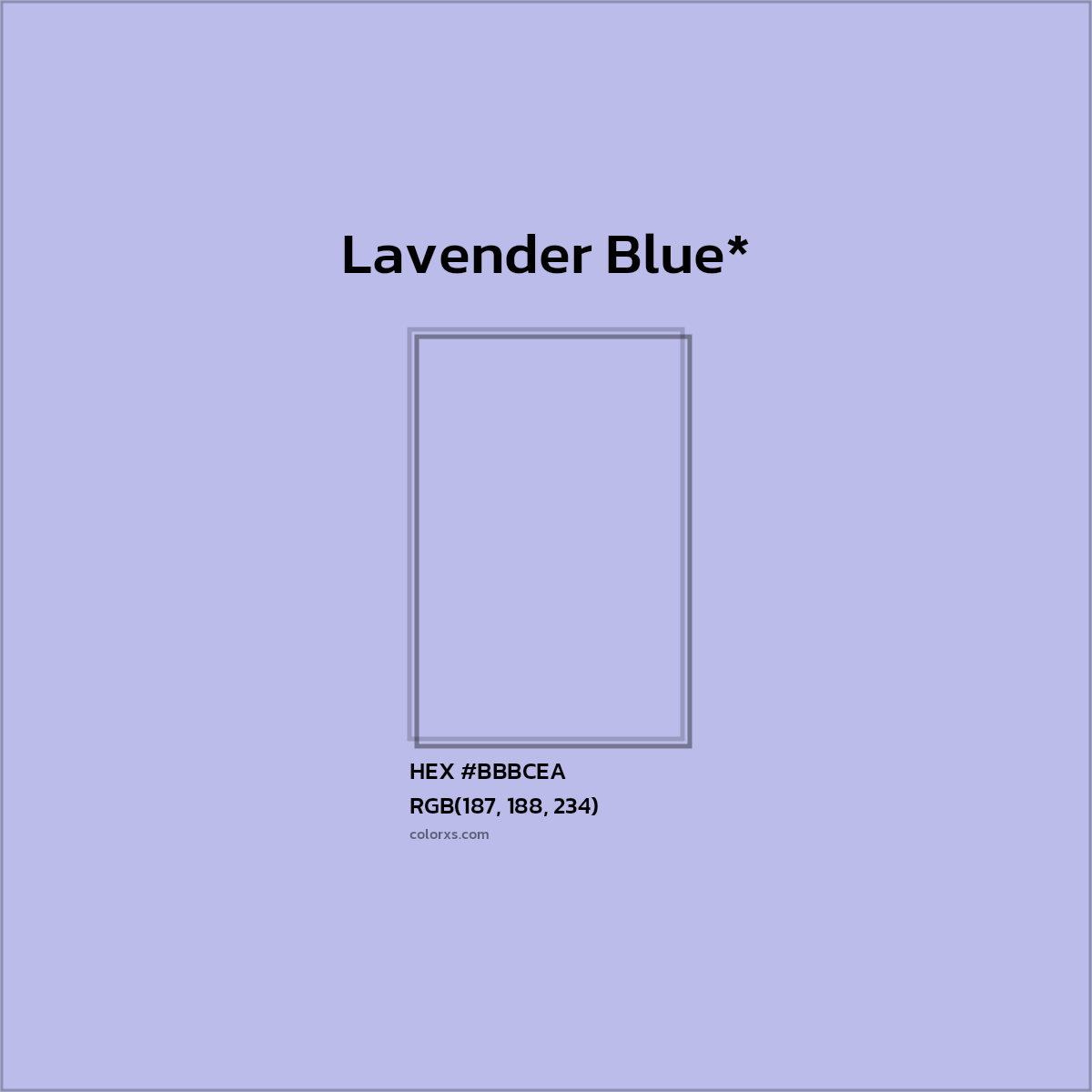 #BBBCEA hex color. RGB, RYB, CMYK, HSL, HSV codes and color conversions. Matching color names, palettes, paints.