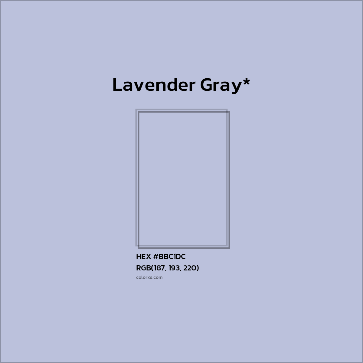 #BBC1DC hex color. RGB, RYB, CMYK, HSL, HSV codes and color conversions. Matching color names, palettes, paints.