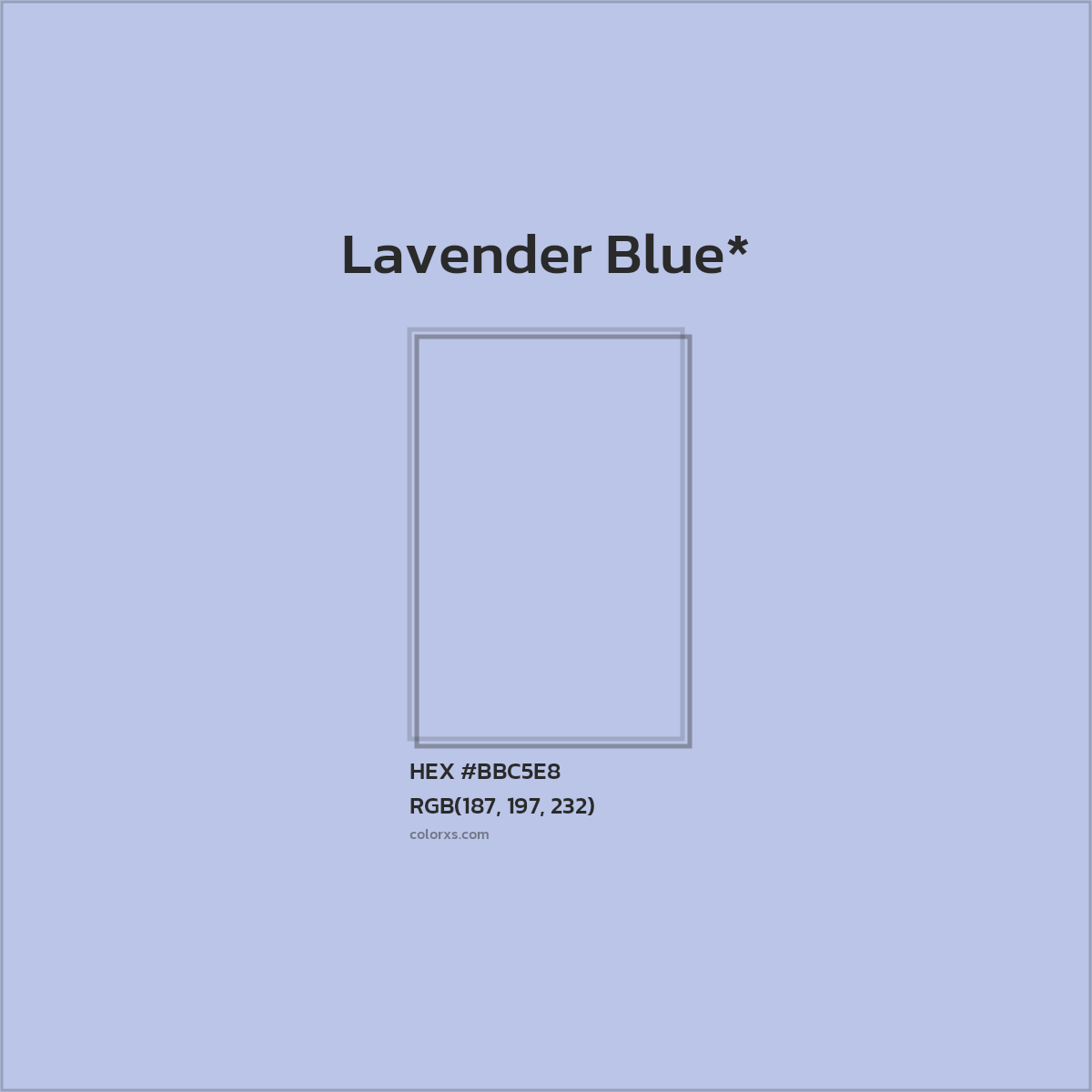 #BBC5E8 hex color. RGB, RYB, CMYK, HSL, HSV codes and color conversions. Matching color names, palettes, paints.