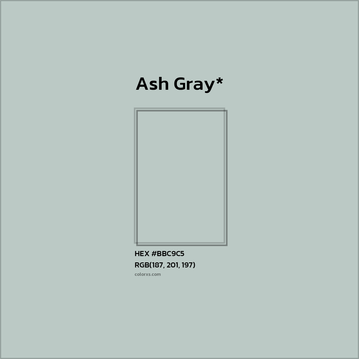 #BBC9C5 hex color. RGB, RYB, CMYK, HSL, HSV codes and color conversions. Matching color names, palettes, paints.