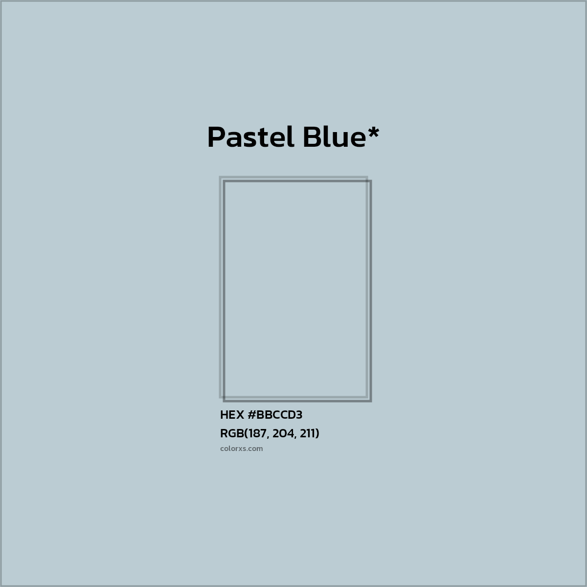 #BBCCD3 hex color. RGB, RYB, CMYK, HSL, HSV codes and color conversions. Matching color names, palettes, paints.
