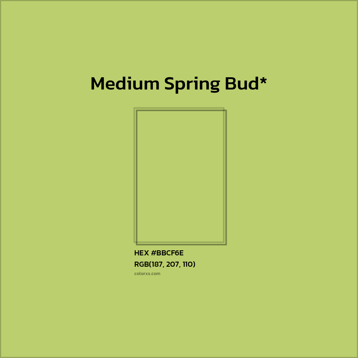 #BBCF6E hex color. RGB, RYB, CMYK, HSL, HSV codes and color conversions. Matching color names, palettes, paints.