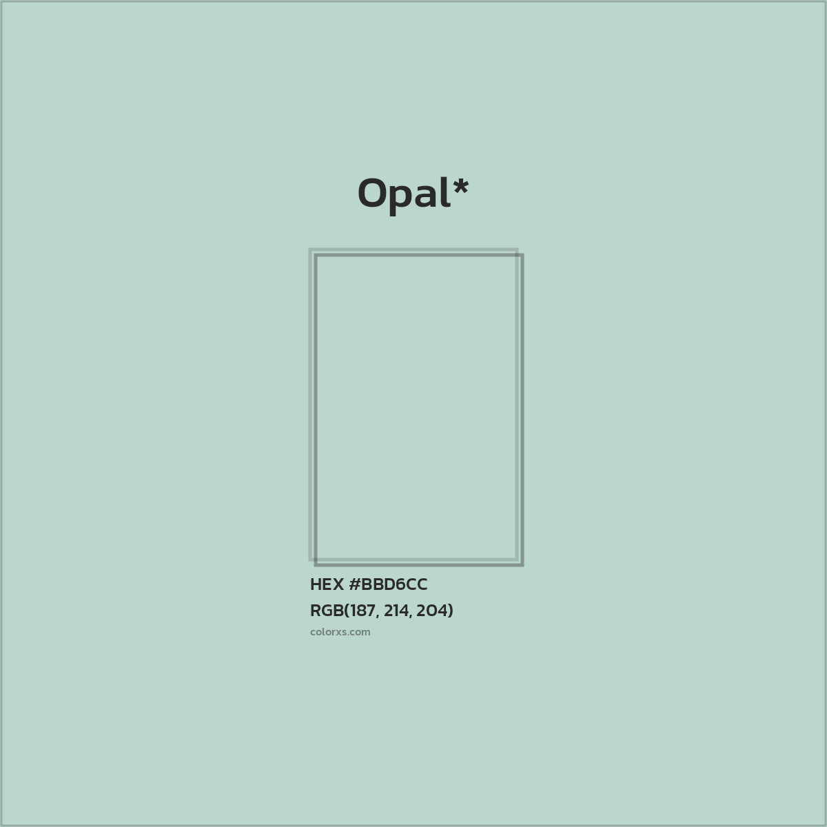 #BBD6CC hex color. RGB, RYB, CMYK, HSL, HSV codes and color conversions. Matching color names, palettes, paints.