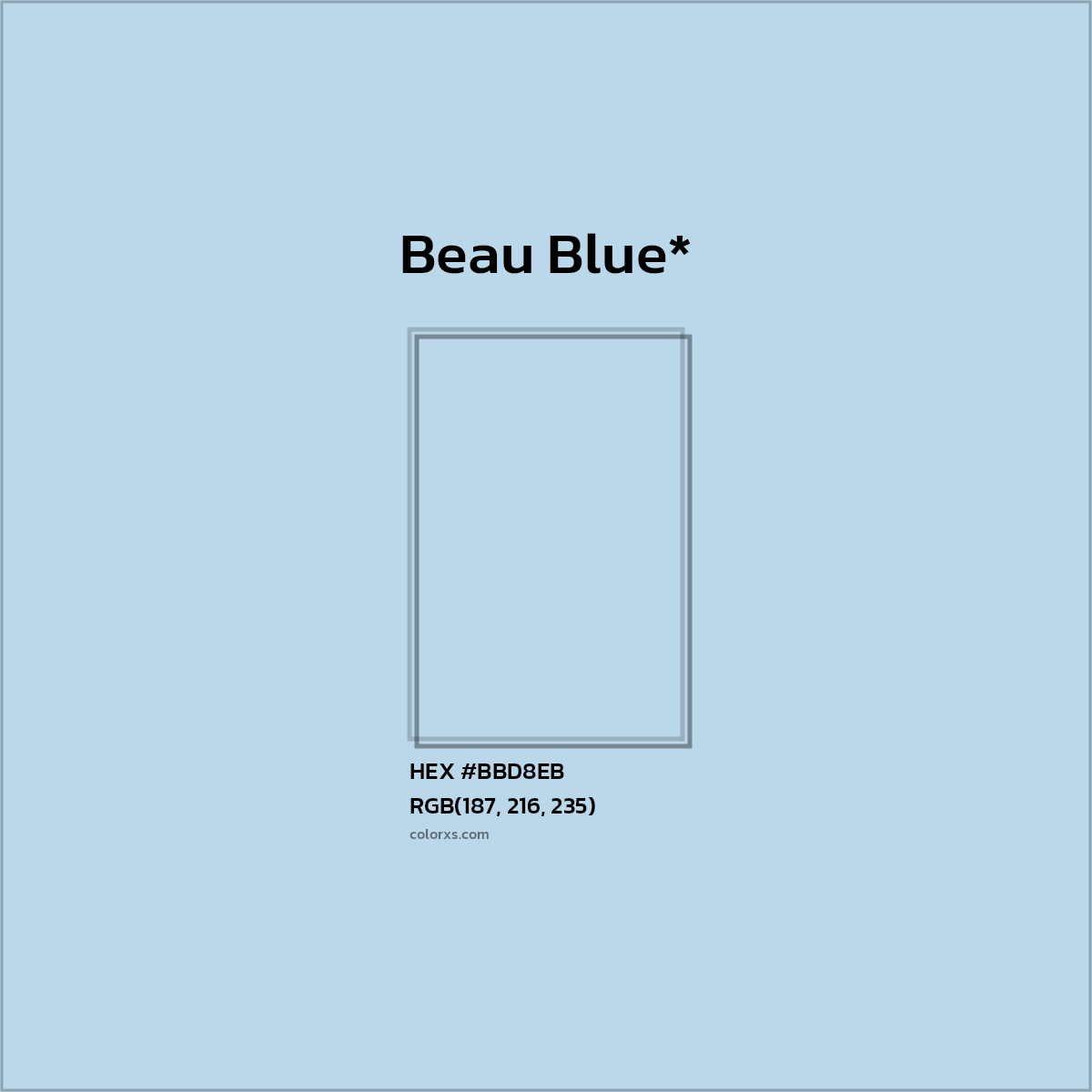 #BBD8EB hex color. RGB, RYB, CMYK, HSL, HSV codes and color conversions. Matching color names, palettes, paints.
