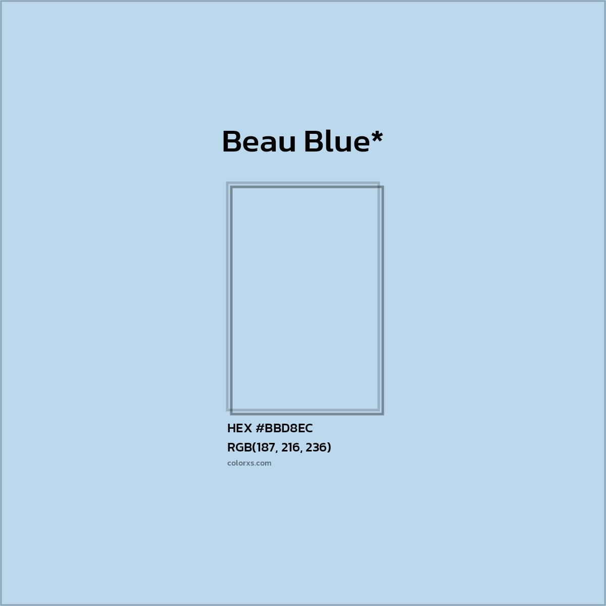 #BBD8EC hex color. RGB, RYB, CMYK, HSL, HSV codes and color conversions. Matching color names, palettes, paints.