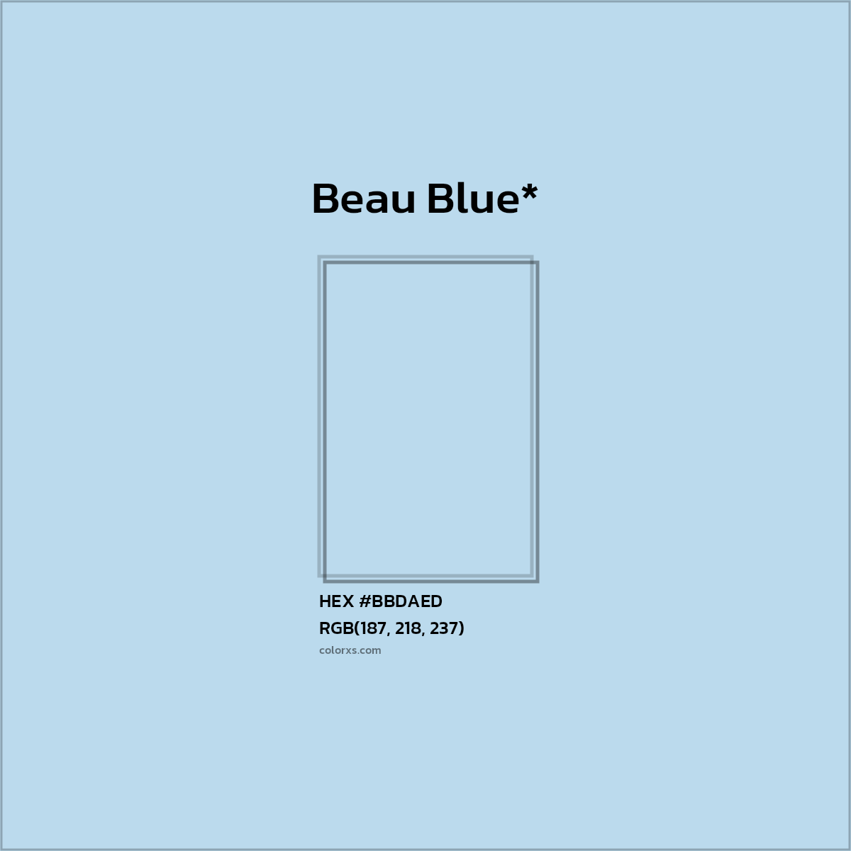 #BBDAED hex color. RGB, RYB, CMYK, HSL, HSV codes and color conversions. Matching color names, palettes, paints.