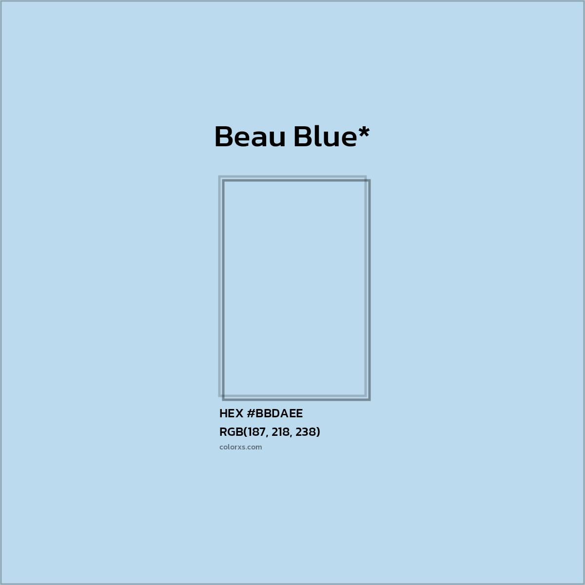 #BBDAEE hex color. RGB, RYB, CMYK, HSL, HSV codes and color conversions. Matching color names, palettes, paints.