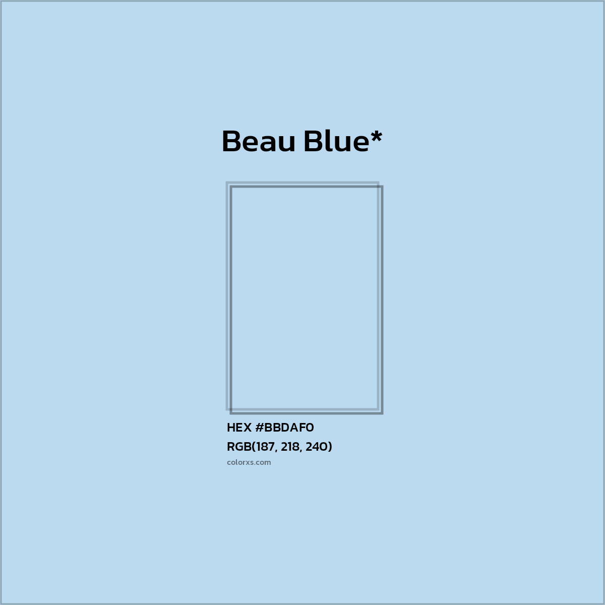 #BBDAF0 hex color. RGB, RYB, CMYK, HSL, HSV codes and color conversions. Matching color names, palettes, paints.