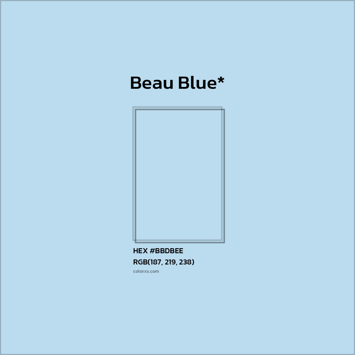 #BBDBEE hex color. RGB, RYB, CMYK, HSL, HSV codes and color conversions. Matching color names, palettes, paints.