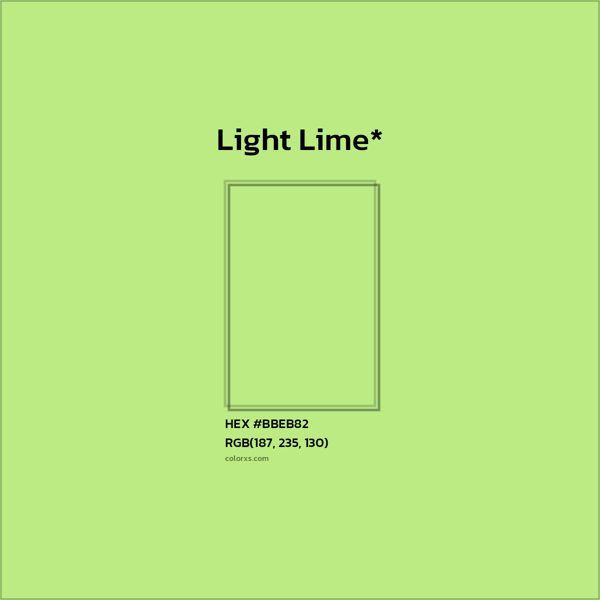 #BBEB82 hex color. RGB, RYB, CMYK, HSL, HSV codes and color conversions. Matching color names, palettes, paints.