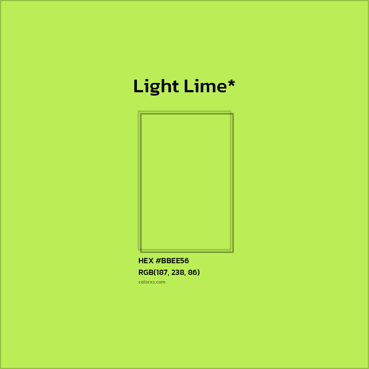 #BBEE56 hex color. RGB, RYB, CMYK, HSL, HSV codes and color conversions. Matching color names, palettes, paints.