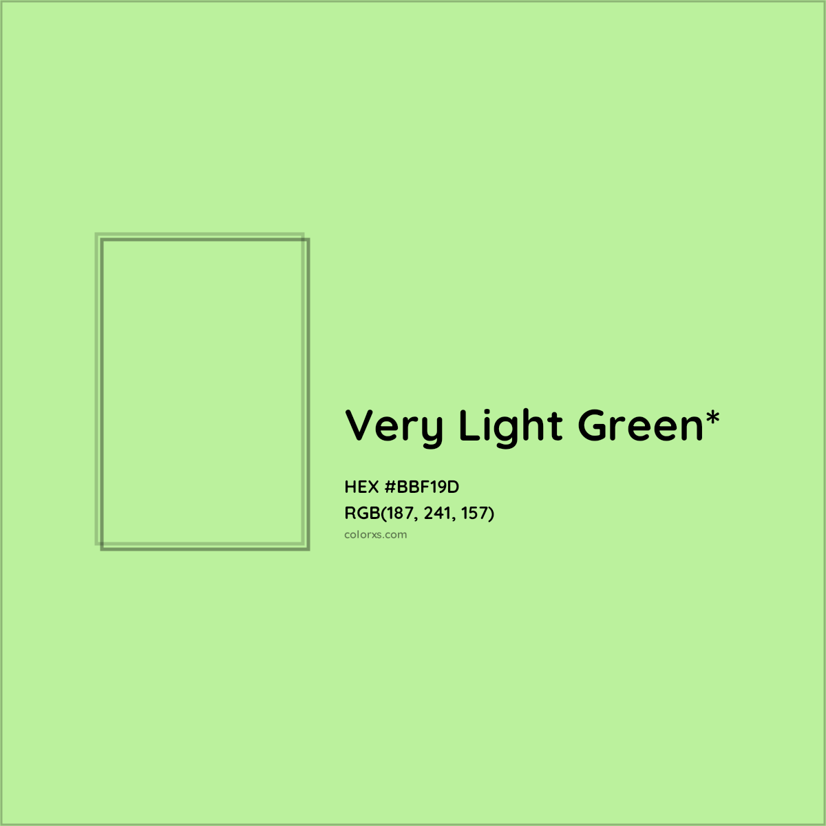 #BBF19D hex color. RGB, RYB, CMYK, HSL, HSV codes and color conversions. Matching color names, palettes, paints.