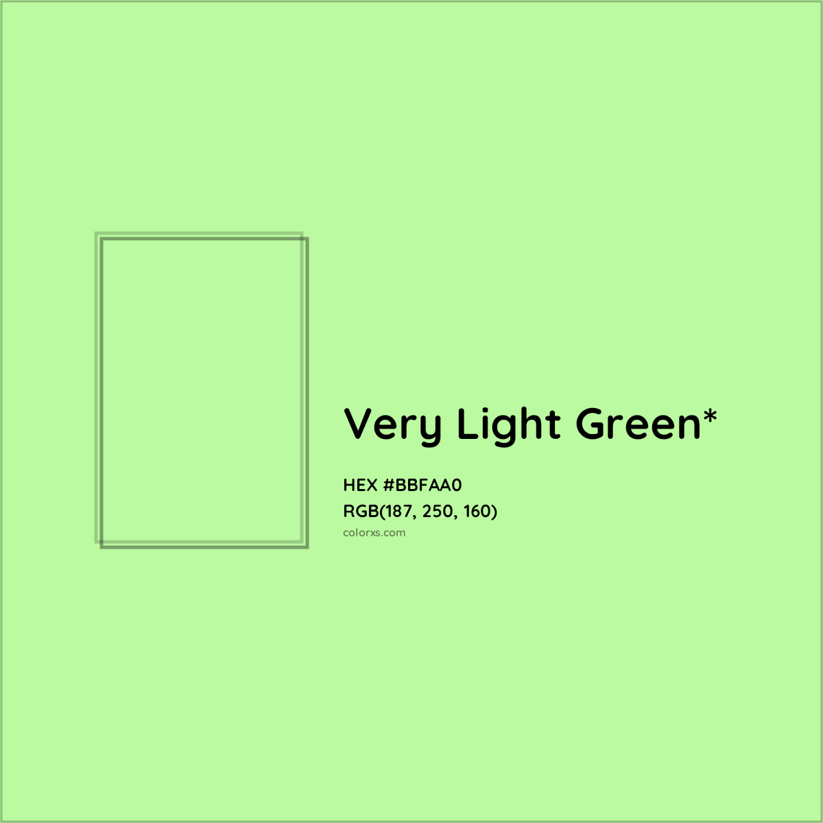 #BBFAA0 hex color. RGB, RYB, CMYK, HSL, HSV codes and color conversions. Matching color names, palettes, paints.