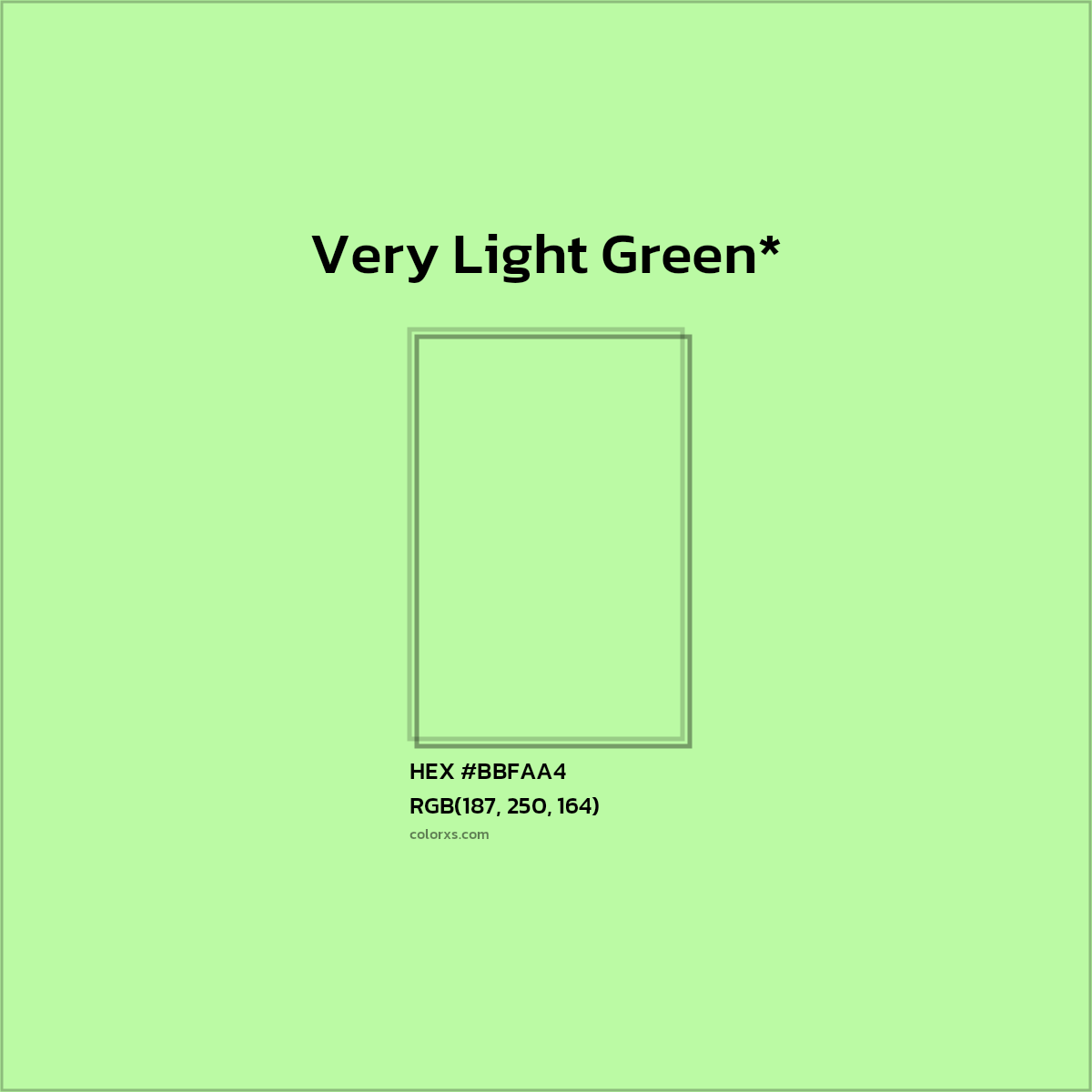 #BBFAA4 hex color. RGB, RYB, CMYK, HSL, HSV codes and color conversions. Matching color names, palettes, paints.