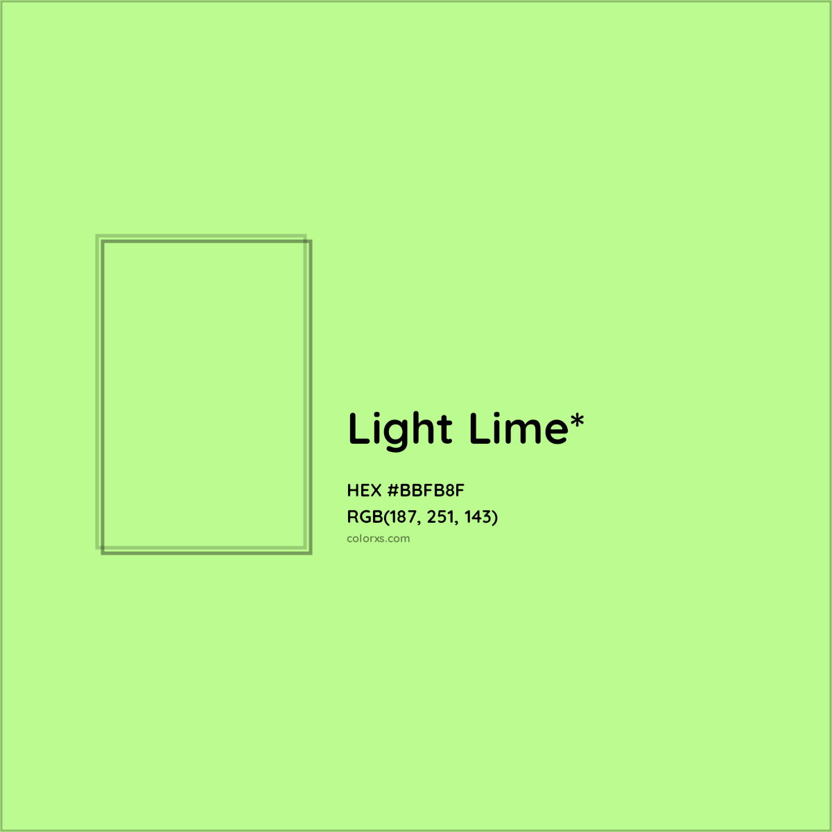 #BBFB8F hex color. RGB, RYB, CMYK, HSL, HSV codes and color conversions. Matching color names, palettes, paints.