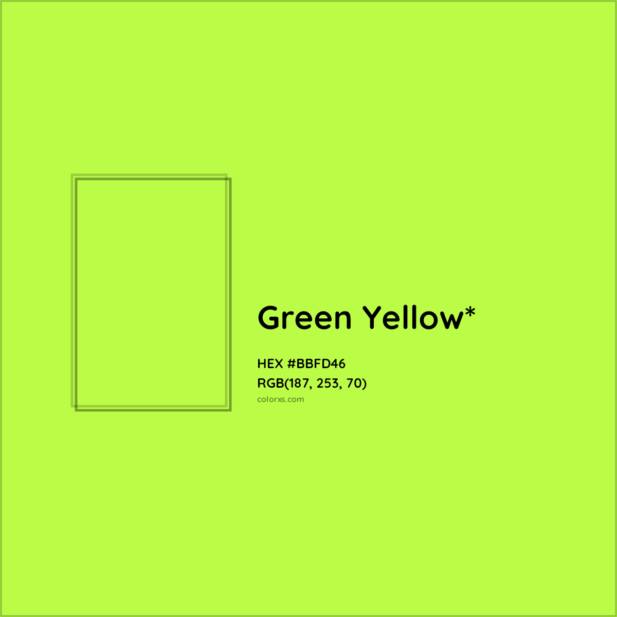 #BBFD46 hex color. RGB, RYB, CMYK, HSL, HSV codes and color conversions. Matching color names, palettes, paints.