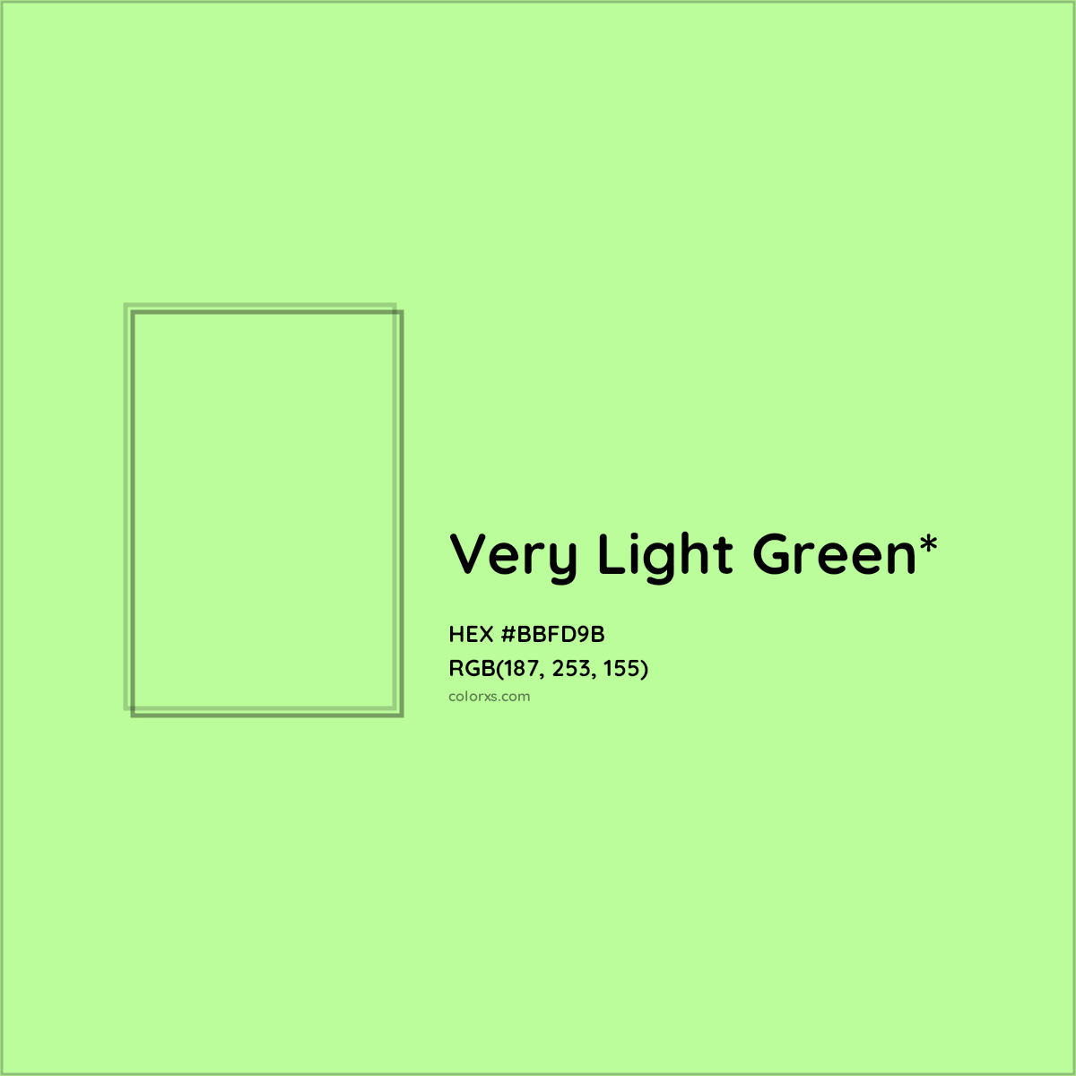 #BBFD9B hex color. RGB, RYB, CMYK, HSL, HSV codes and color conversions. Matching color names, palettes, paints.