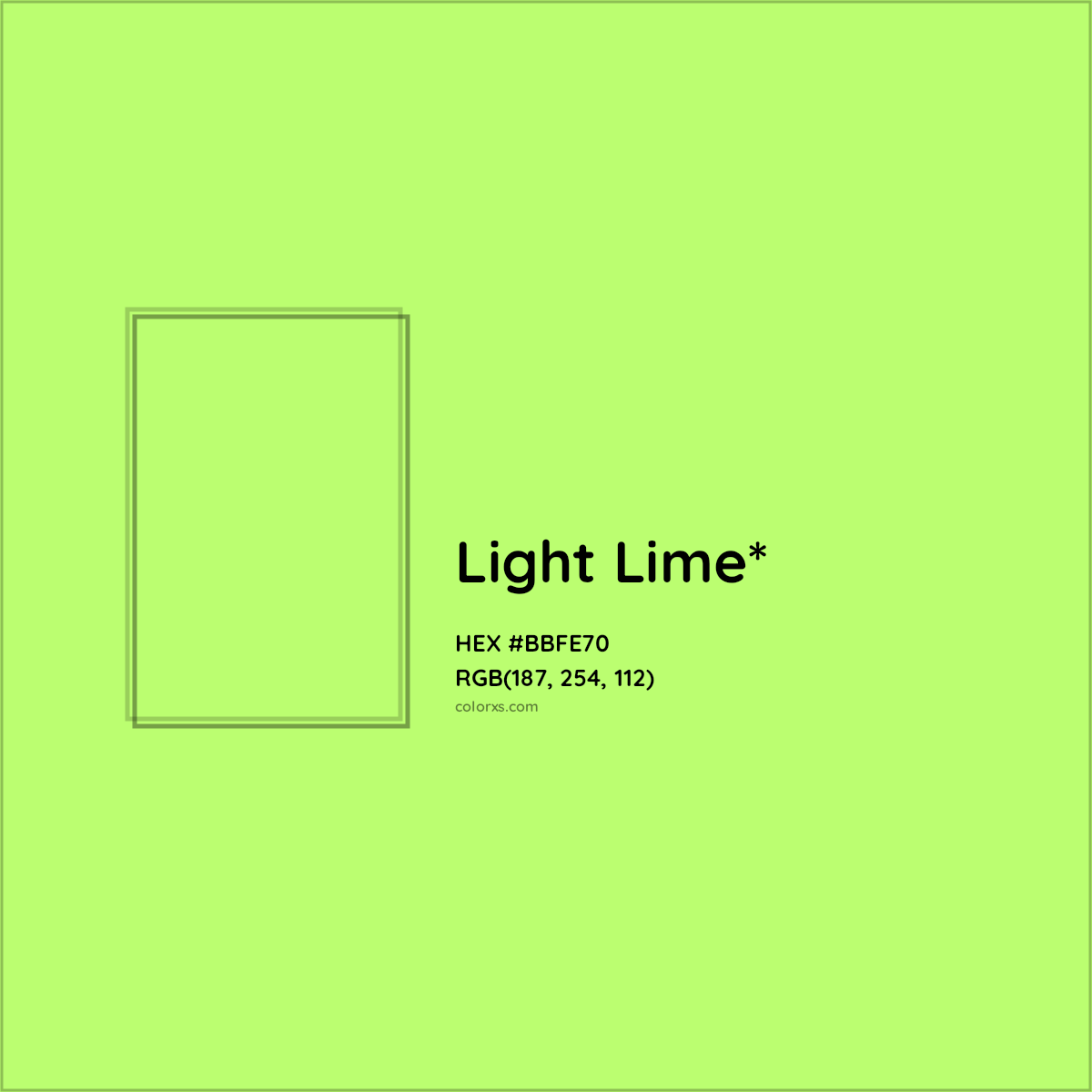 #BBFE70 hex color. RGB, RYB, CMYK, HSL, HSV codes and color conversions. Matching color names, palettes, paints.