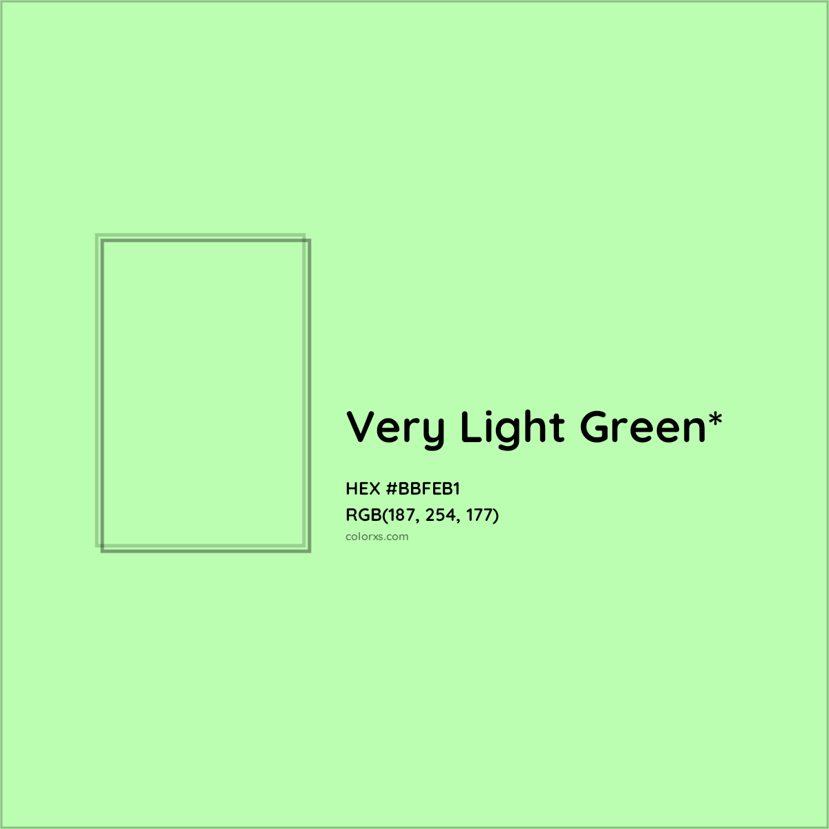 #BBFEB1 hex color. RGB, RYB, CMYK, HSL, HSV codes and color conversions. Matching color names, palettes, paints.