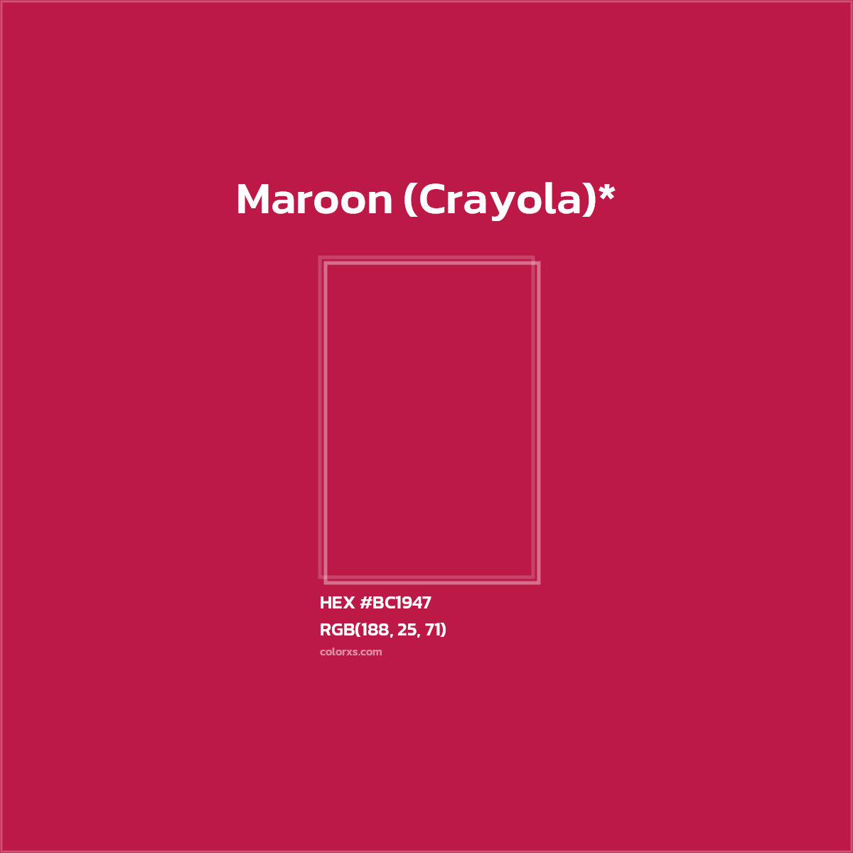 #BC1947 hex color. RGB, RYB, CMYK, HSL, HSV codes and color conversions. Matching color names, palettes, paints.