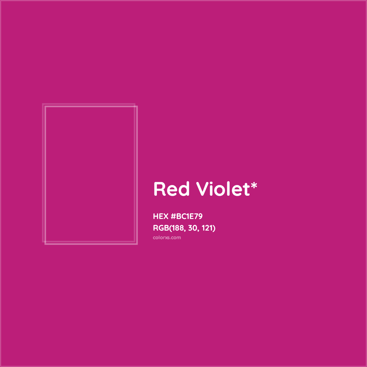 #BC1E79 hex color. RGB, RYB, CMYK, HSL, HSV codes and color conversions. Matching color names, palettes, paints.