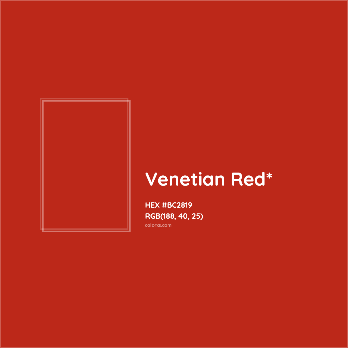 #BC2819 hex color. RGB, RYB, CMYK, HSL, HSV codes and color conversions. Matching color names, palettes, paints.