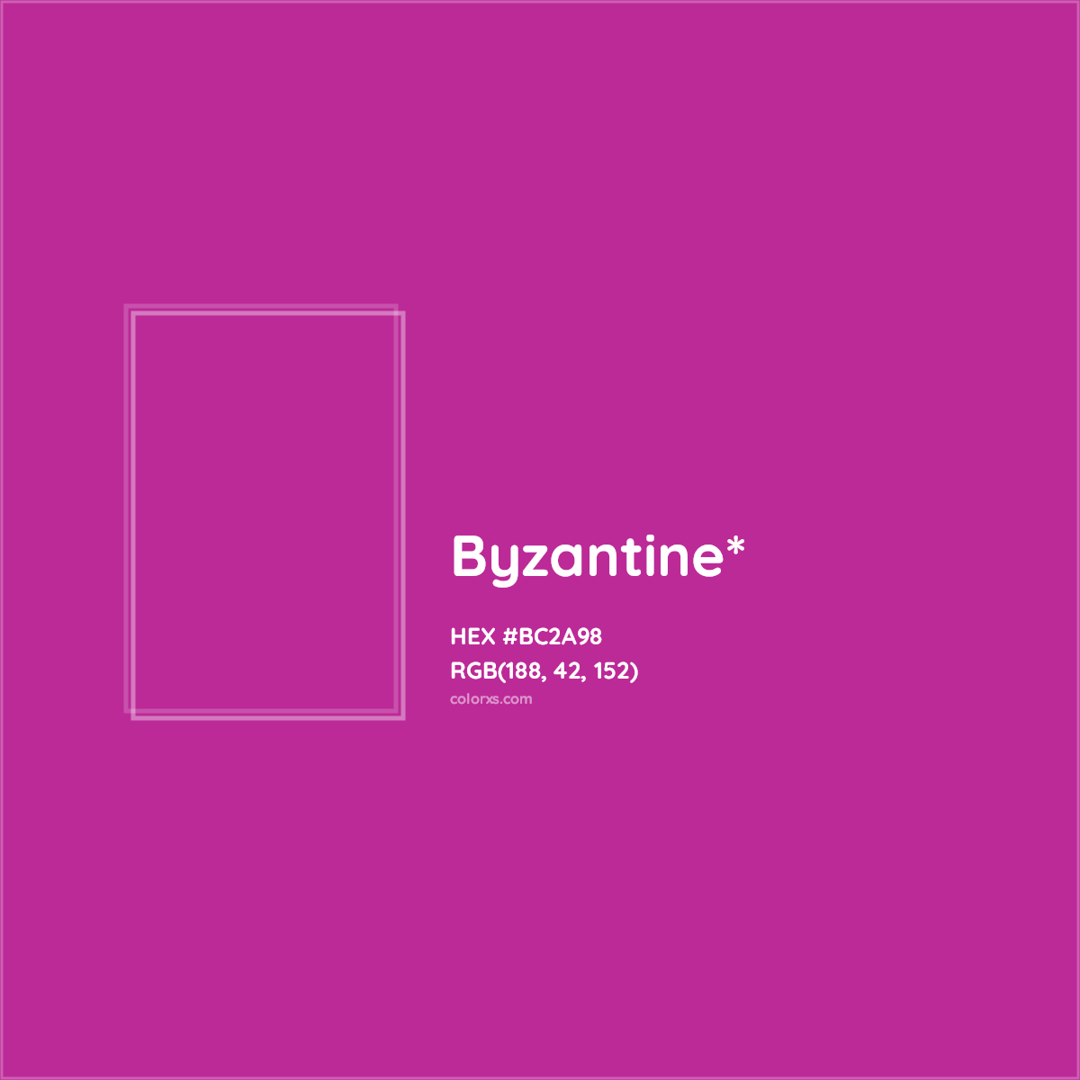 #BC2A98 hex color. RGB, RYB, CMYK, HSL, HSV codes and color conversions. Matching color names, palettes, paints.