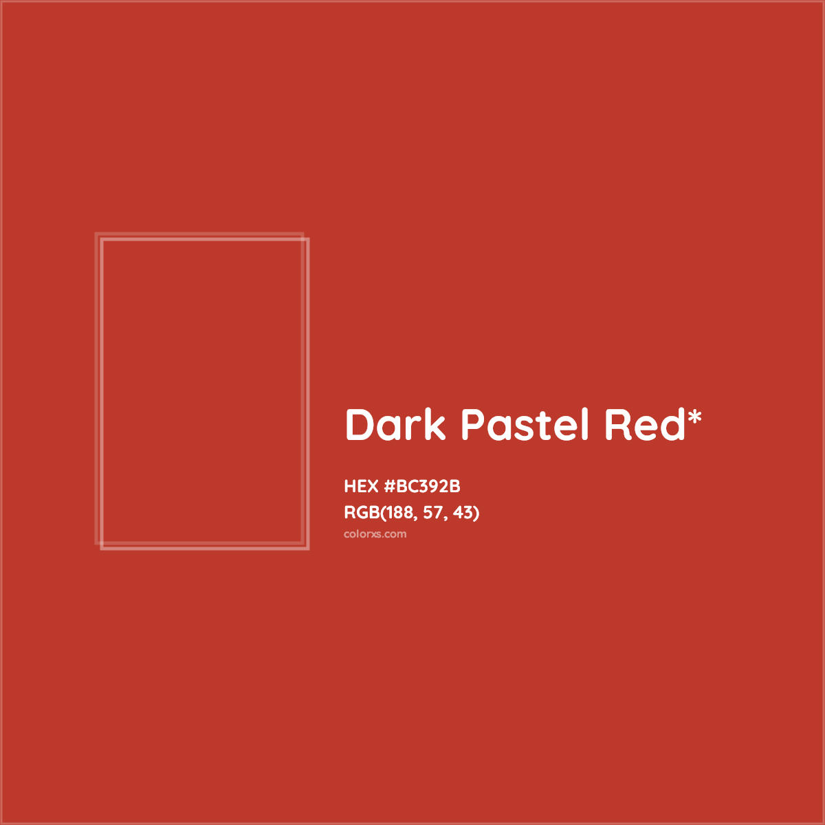 #BC392B hex color. RGB, RYB, CMYK, HSL, HSV codes and color conversions. Matching color names, palettes, paints.