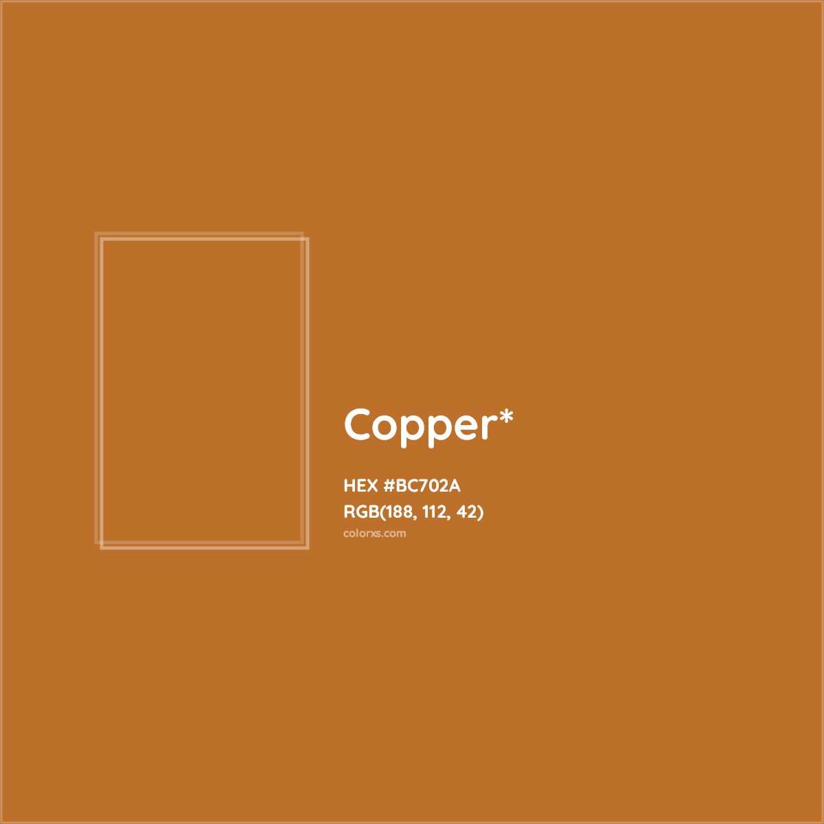 #BC702A hex color. RGB, RYB, CMYK, HSL, HSV codes and color conversions. Matching color names, palettes, paints.
